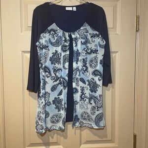 Kim Rogers Navy and Light Blue Paisley Overlay Scoop Neck Blouse, Size Medium